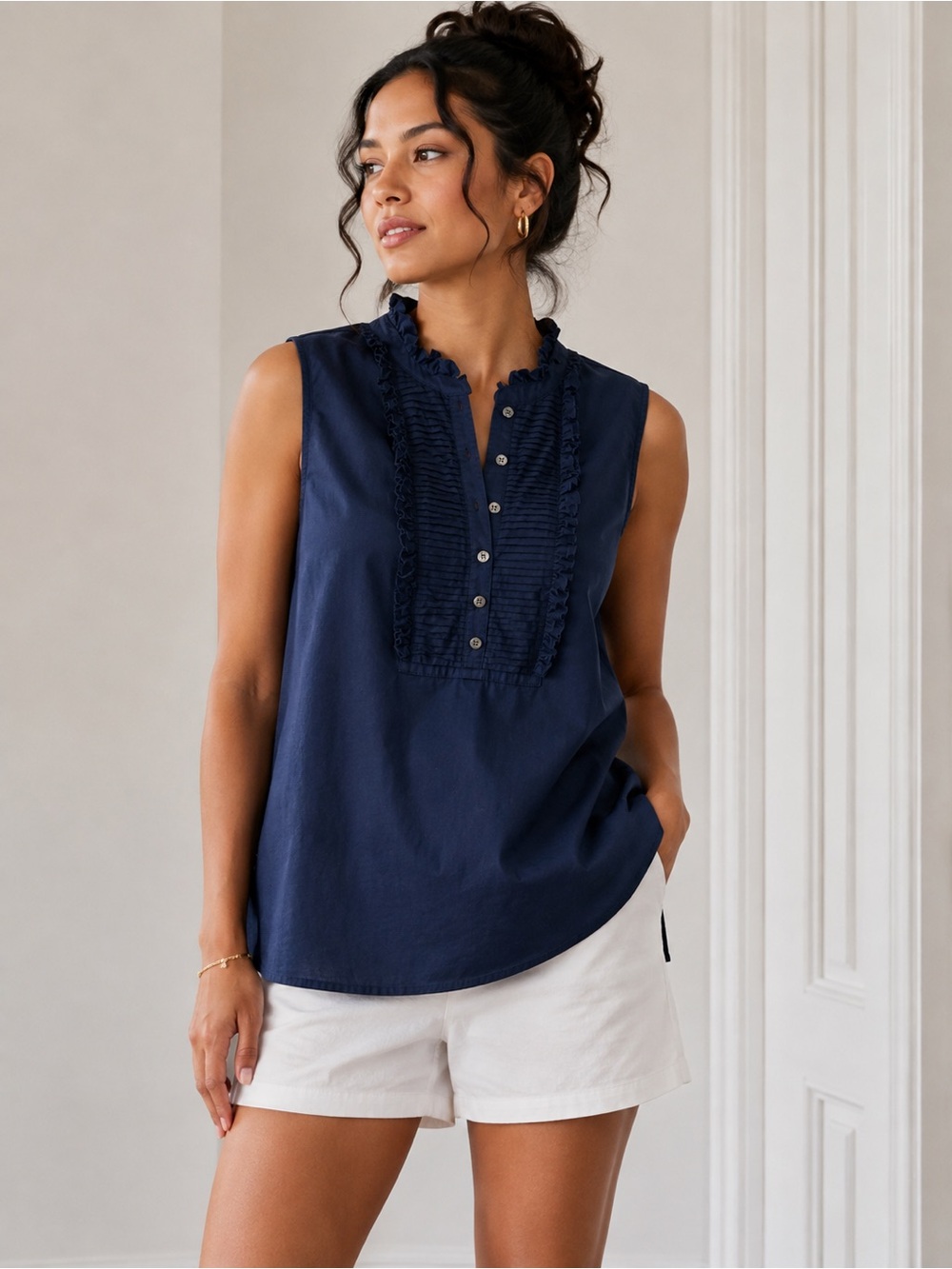 J.Crew Women’s Navy Ruffle Front Cotton Blend Sleeveless Top. Size: 4